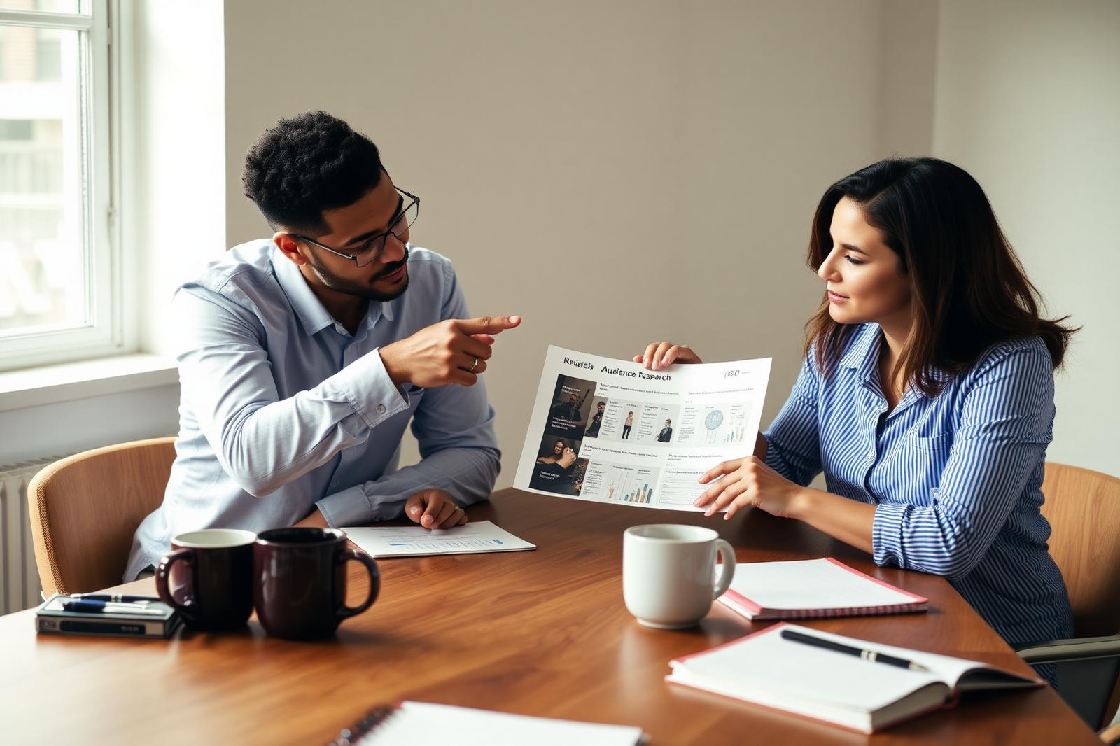 Founder reviewing a research deck with a client